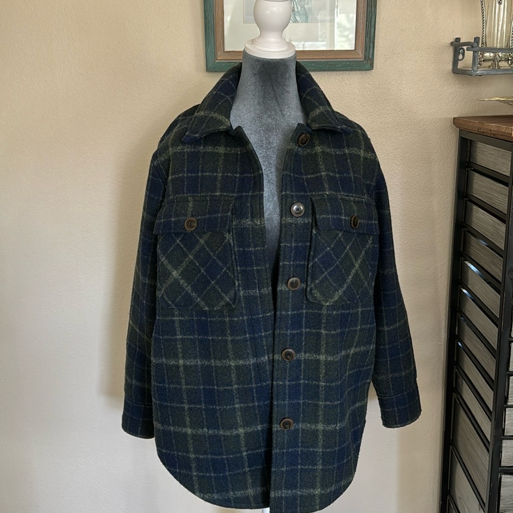 Treasure & Bond Shirt/Jacket, Navy and Green Plaid, Size S